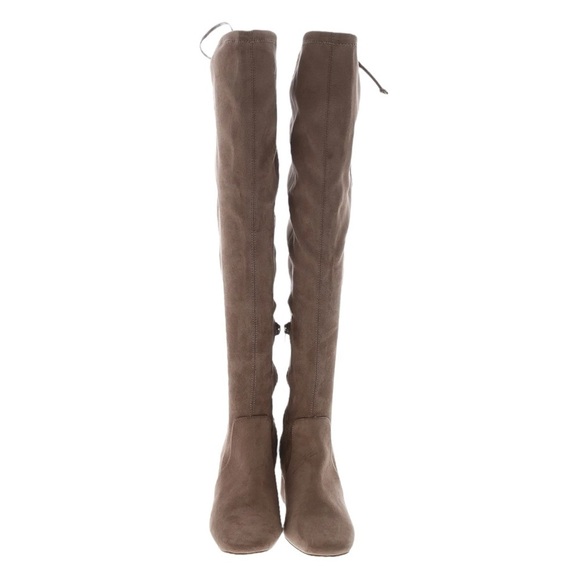 Gianni Bini Over the Knee Boots 6 Tan Faux Suede Block Heel Tie Back Square Toe - Picture 2 of 8